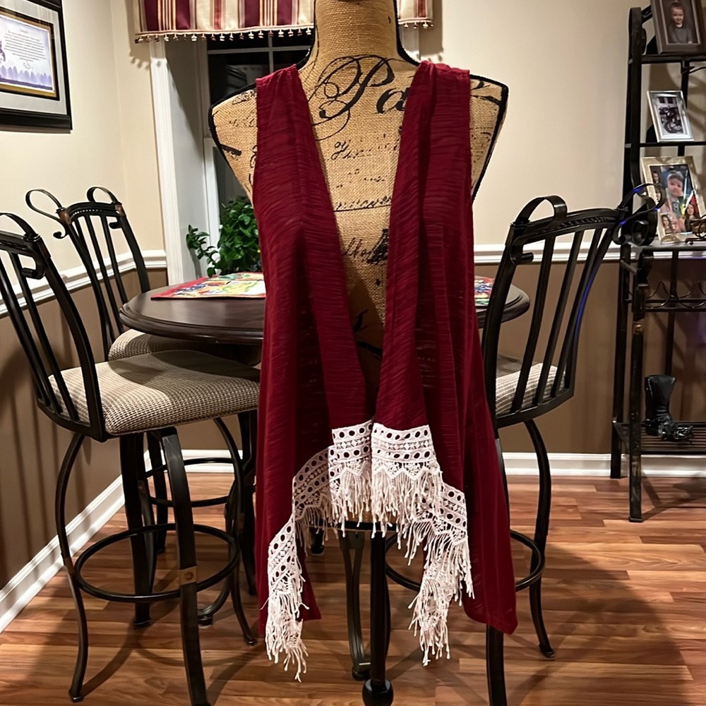 Size XL burgundy with white tassels vest